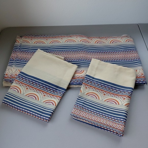 Pacific Other - Set of 3 Pacific Top Sheet DOUBLE 2 Pillowcases Beige Arch Stripe VTG Retro 80's